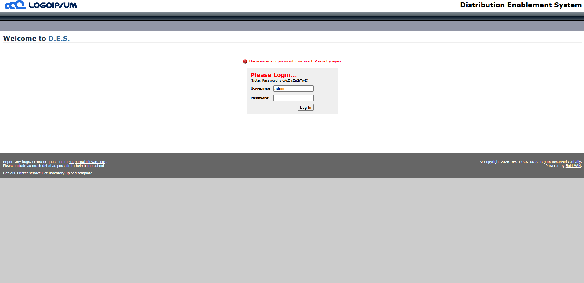 DES login screen before: plain gradient header and basic form.