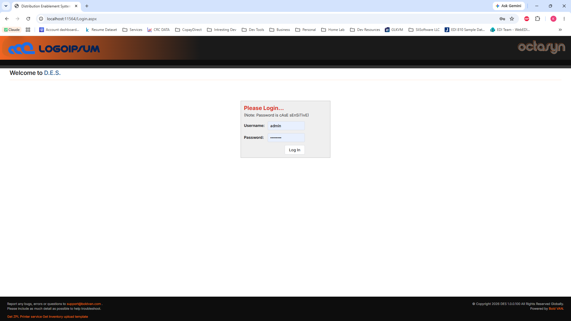 DES login screen after: the same form under the modern header and flat styling.