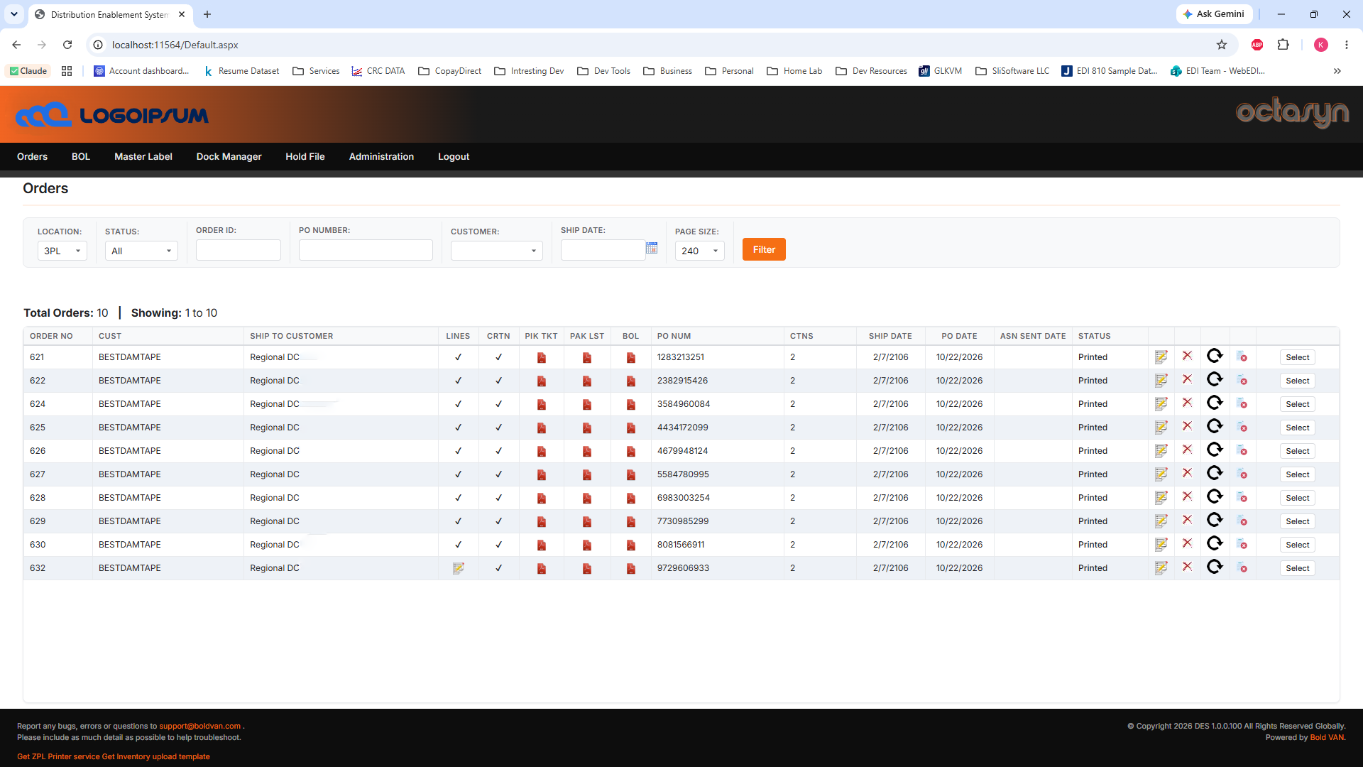 DES Orders screen before the restyle: a glossy gradient header and a dense row of cramped controls.
